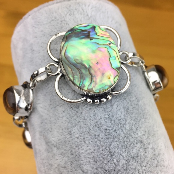 New Abalone & Tigers Eye Gemstone Silver Overlay Bracelet 7 1/4 & 8 - Picture 2 of 8